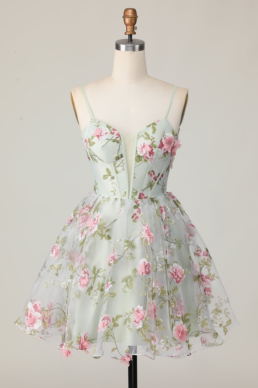 Sage Flower A-Line Korsett Homecoming Kjole med Lace Up Back