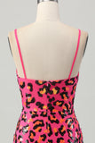 Fuchsia Bodycon Spaghetti Stropper Paljetter Homecoming Kjole med Splitt