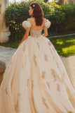 Prinsesse Blush ballkjole Off the Shoulder Tyll Quinceanera kjole med applikasjoner