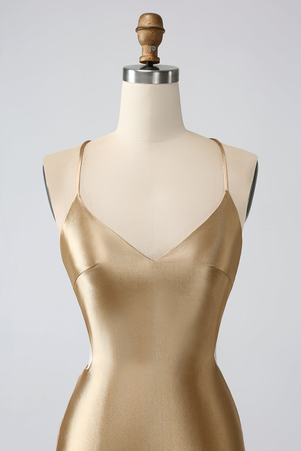 Gold Bodycon Spaghetti stropper Satin Cocktailkjole med Criss Cross Back