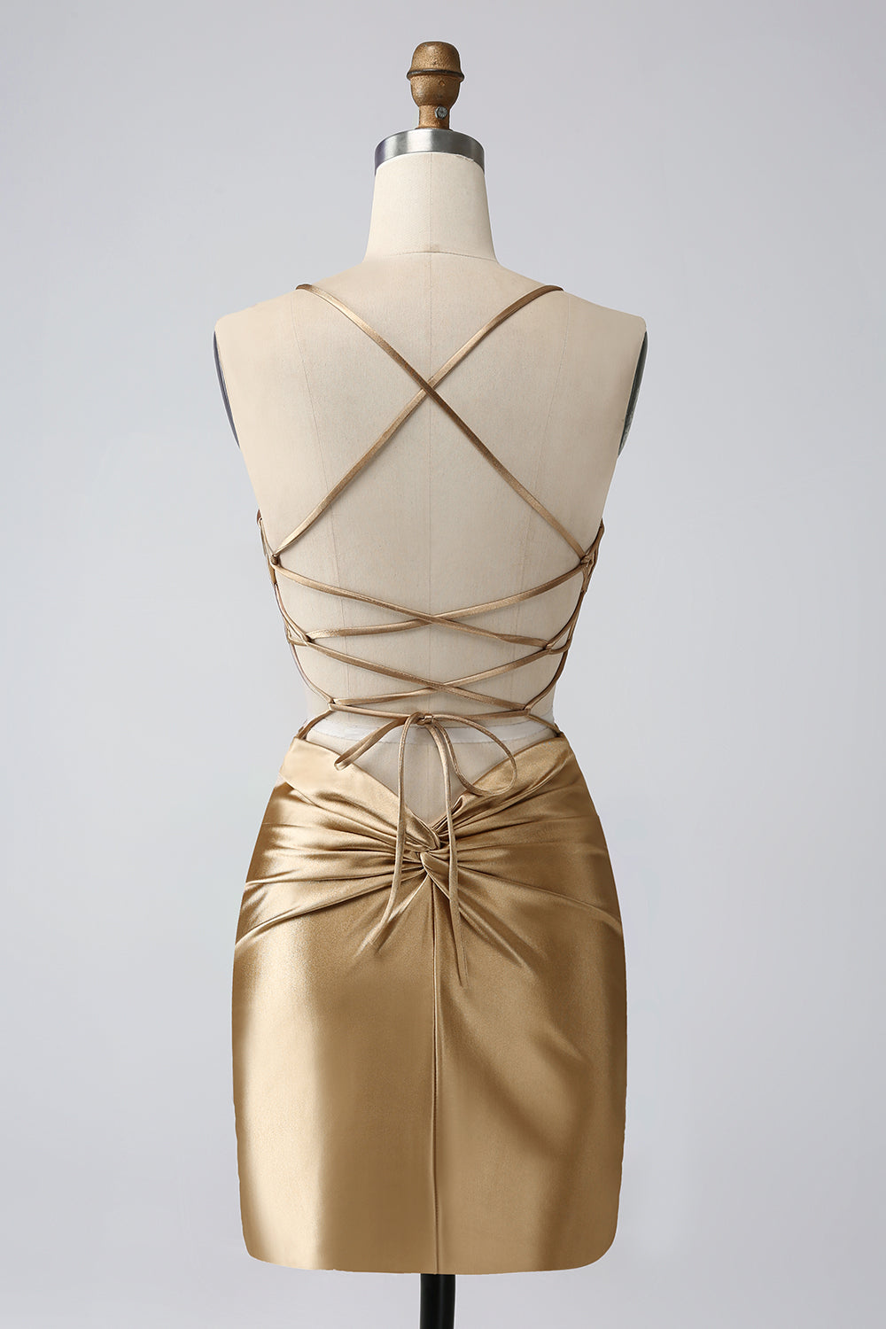 Gold Bodycon Spaghetti stropper Satin Cocktailkjole med Criss Cross Back