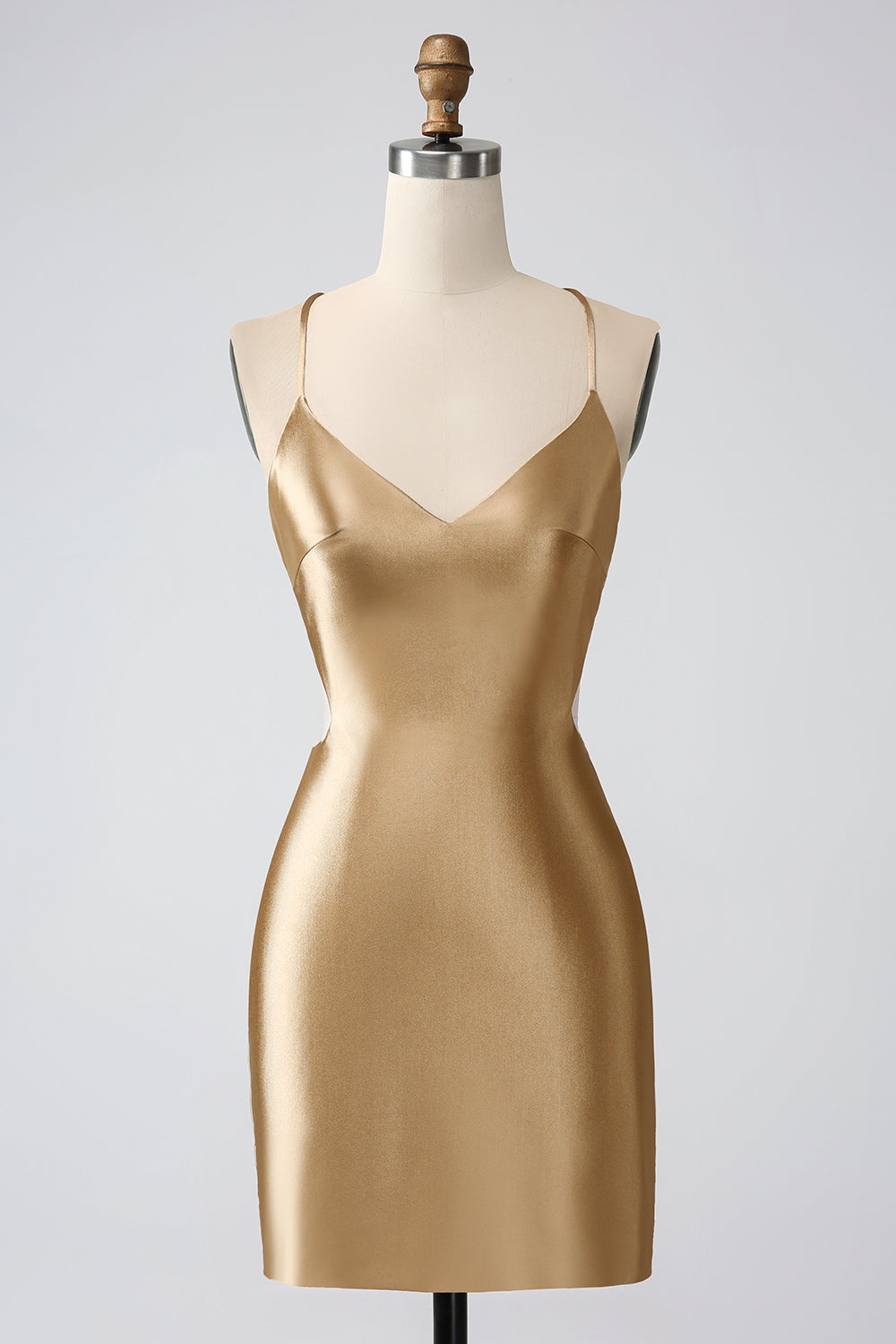 Gold Bodycon Spaghetti stropper Satin Cocktailkjole med Criss Cross Back