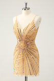 Golden Bodycon Spaghetti stropper Homecoming kjole med paljetter
