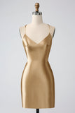 Gold Bodycon Spaghetti stropper Satin Cocktailkjole med Criss Cross Back
