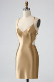 Gold Bodycon Spaghetti stropper Satin Cocktailkjole med Criss Cross Back