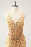 Golden Bodycon Spaghetti stropper Homecoming kjole med paljetter
