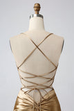 Gold Bodycon Spaghetti stropper Satin Cocktailkjole med Criss Cross Back