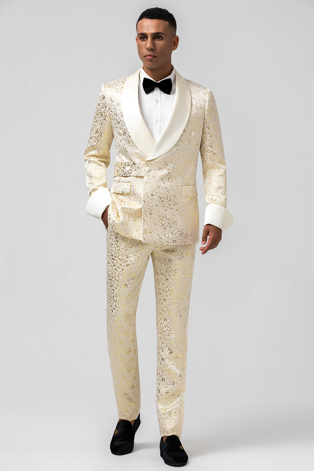Glitter Champagne Sjal Jakkeslag Jacquard 2-delt Menns Balldresser med belte