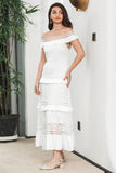 Hvit Tiered Long Boho Engagement Party kjole med blonder
