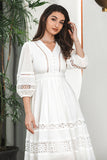 Hvit 3/4 ermer Boho Engagement Party kjole med blonder