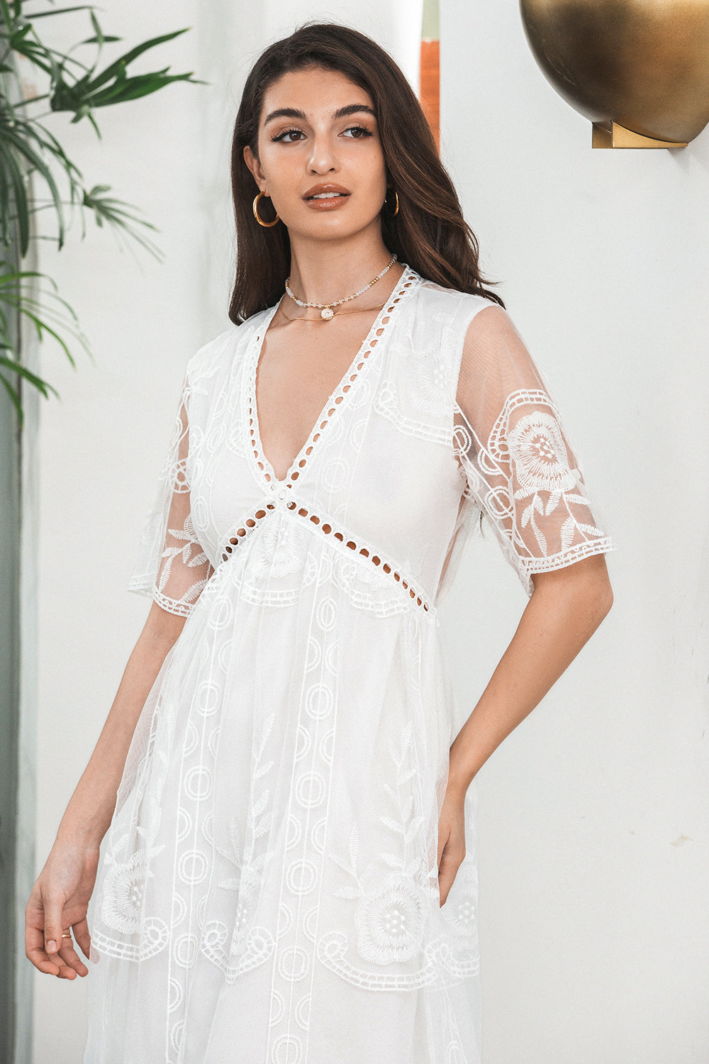 Hvit Boho Maxi blonder formell festkjole