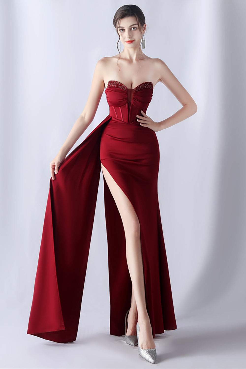 Navy Mermaid stroppeløs lang korsett Prom kjole med spalt