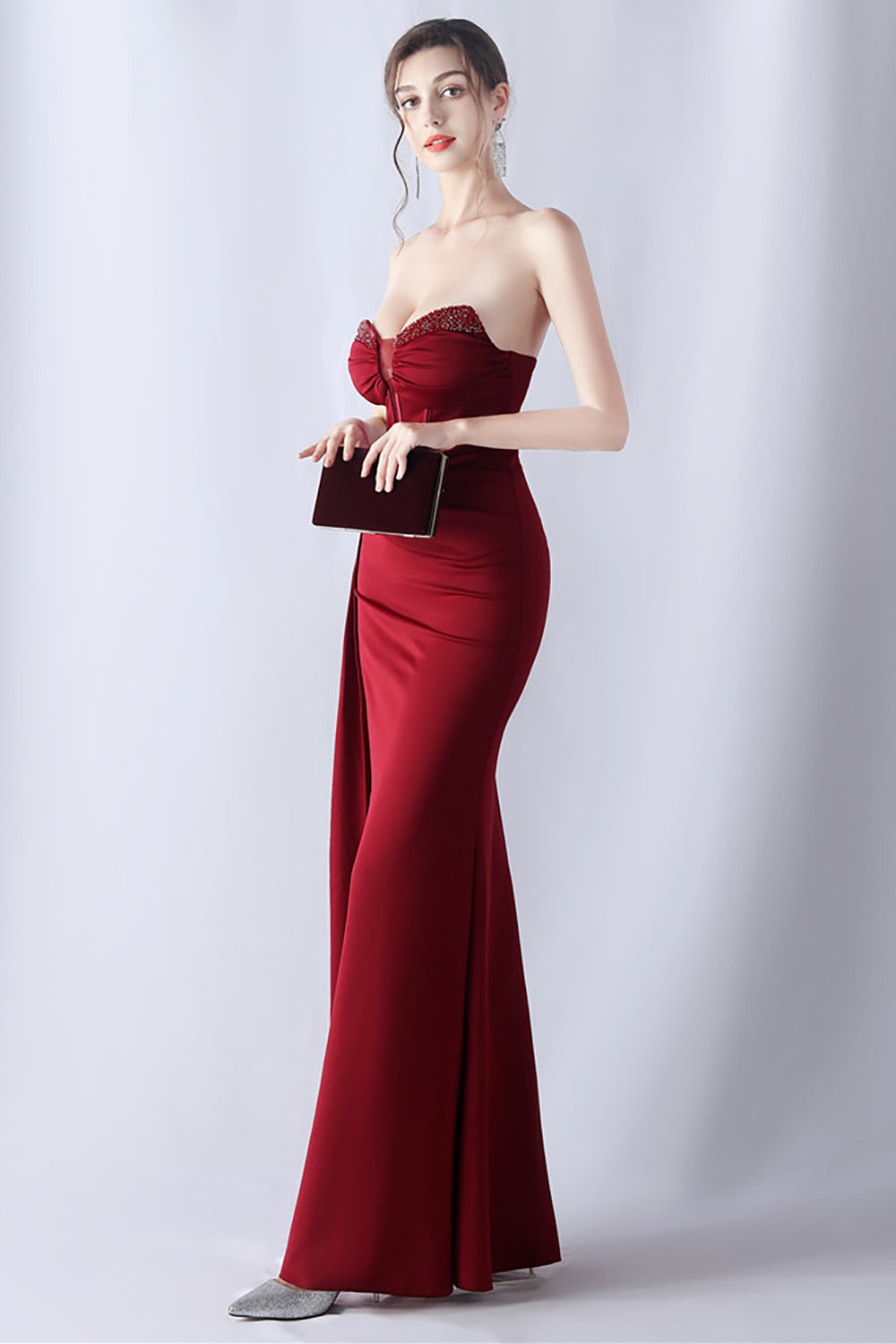 Navy Mermaid stroppeløs lang korsett Prom kjole med spalt