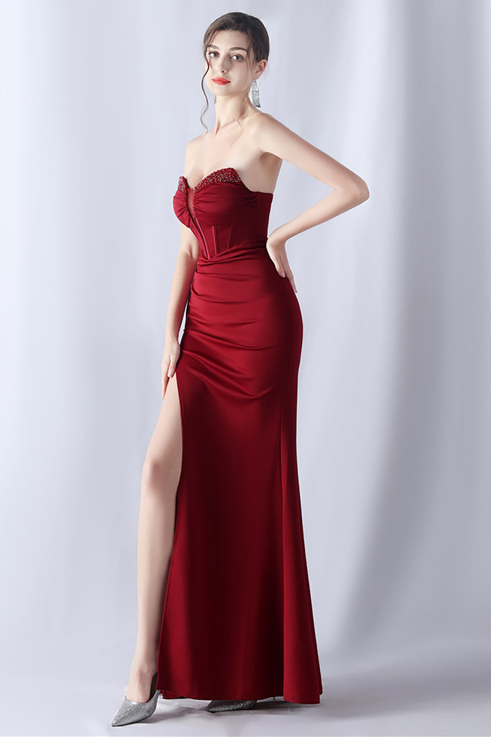 Navy Mermaid stroppeløs lang korsett Prom kjole med spalt