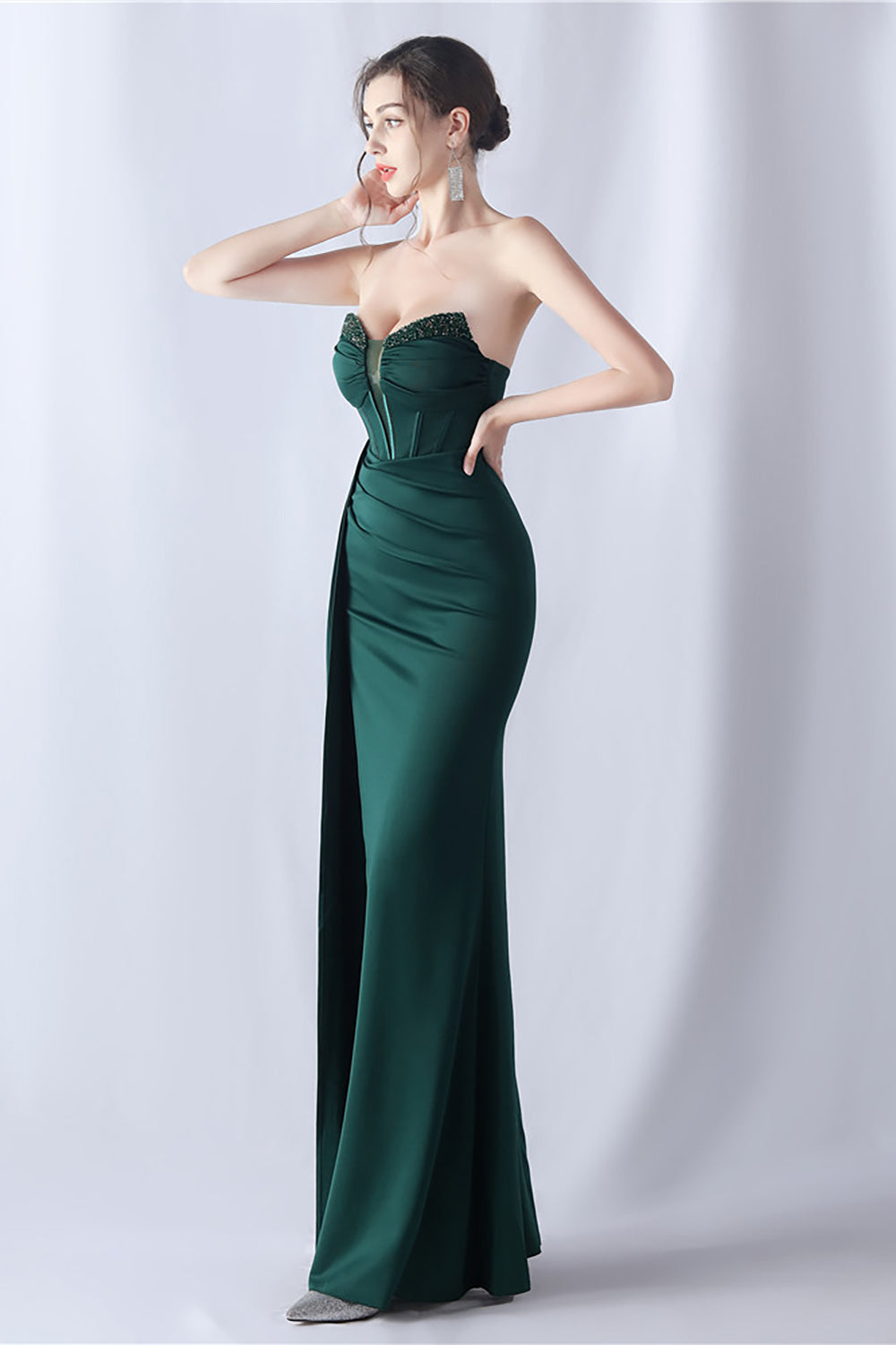 Navy Mermaid stroppeløs lang korsett Prom kjole med spalt