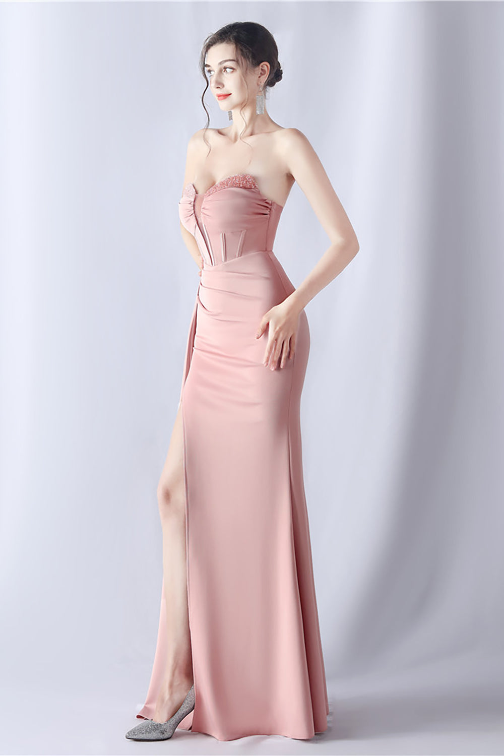 Navy Mermaid stroppeløs lang korsett Prom kjole med spalt