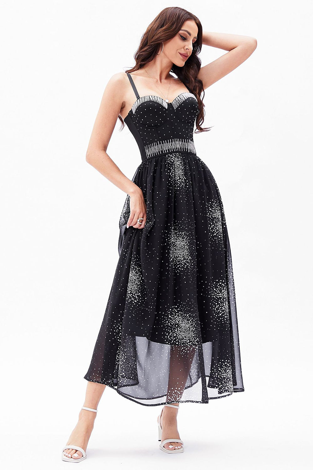 A-Line Svart Spaghetti stropper Chiffon korsett Party kjole