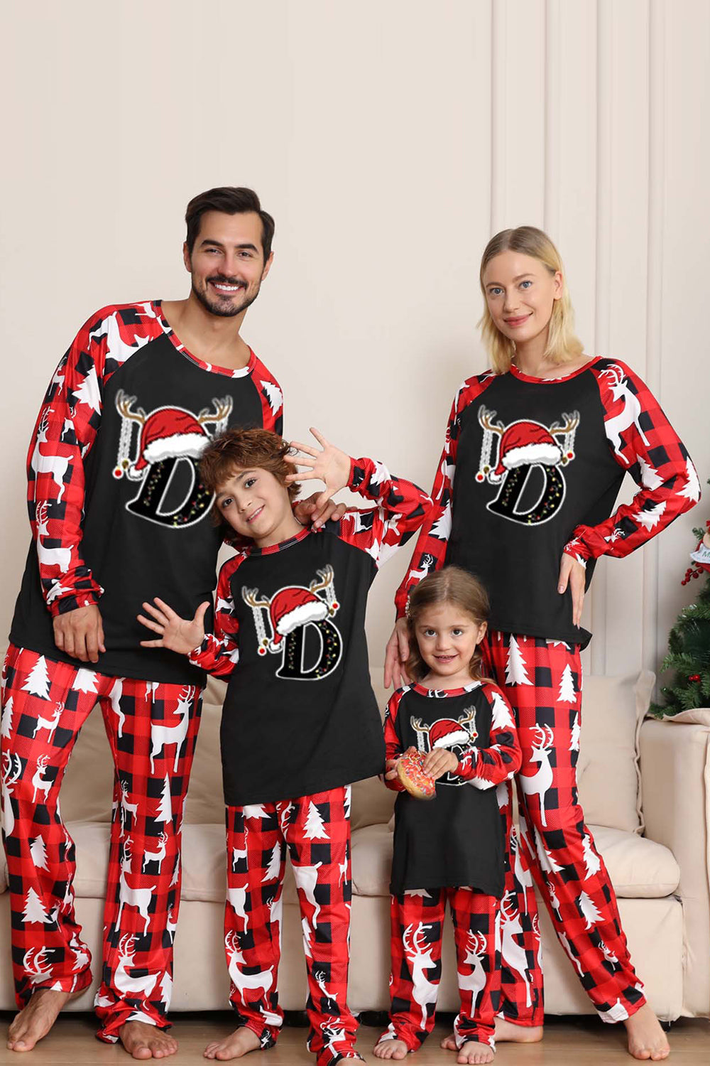 Svart Rød Langermet Familie Julepyjamas med Hjortemønster