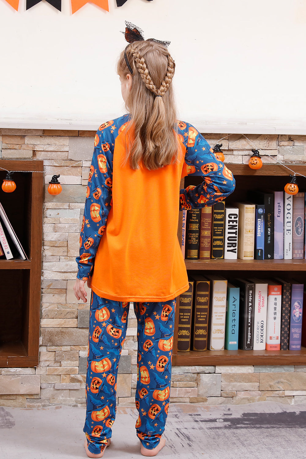 Oransje gresskartrykk Familie Halloween pyjamas (lange ermer)