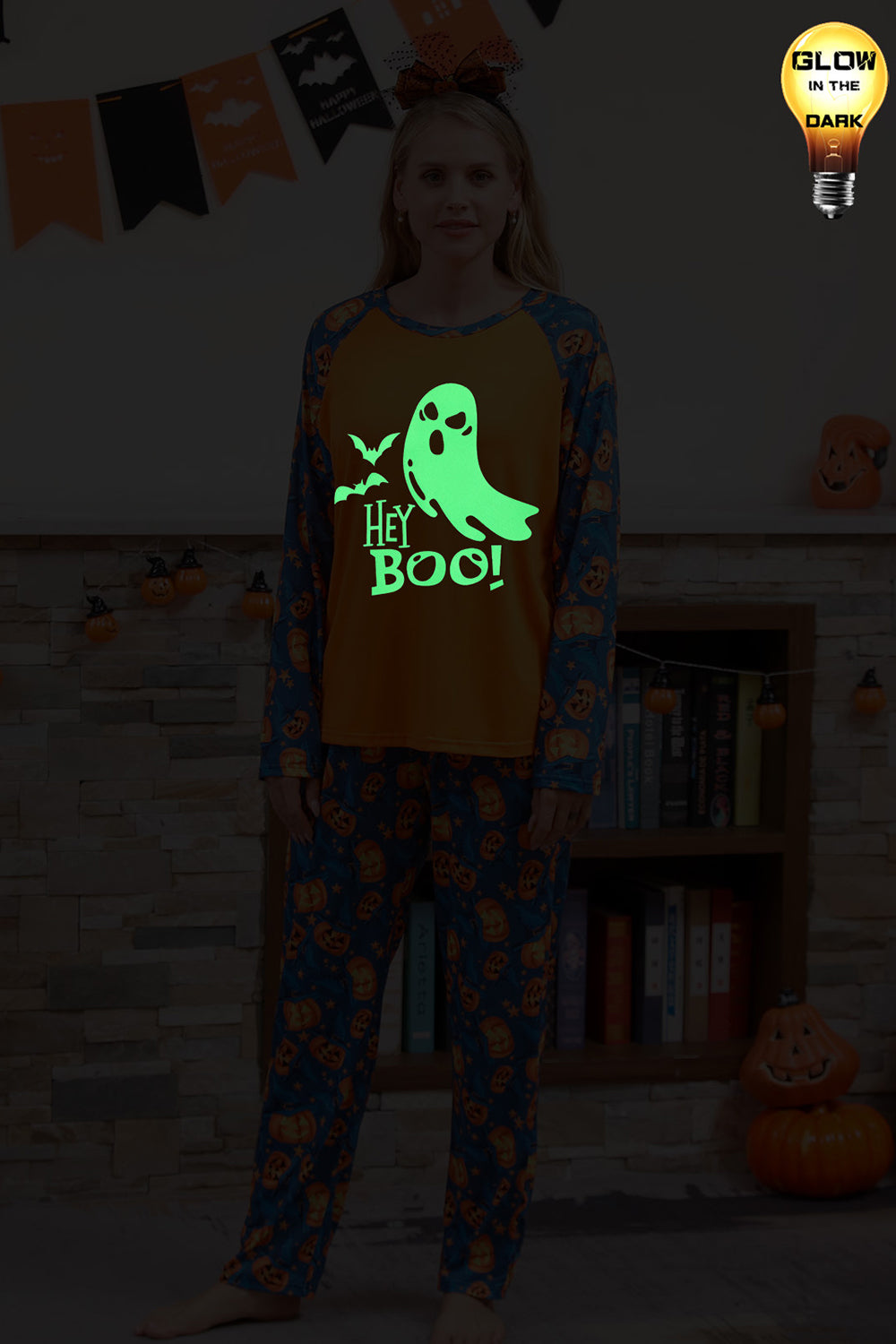 Oransje gresskartrykk Familie Halloween pyjamas (lange ermer)