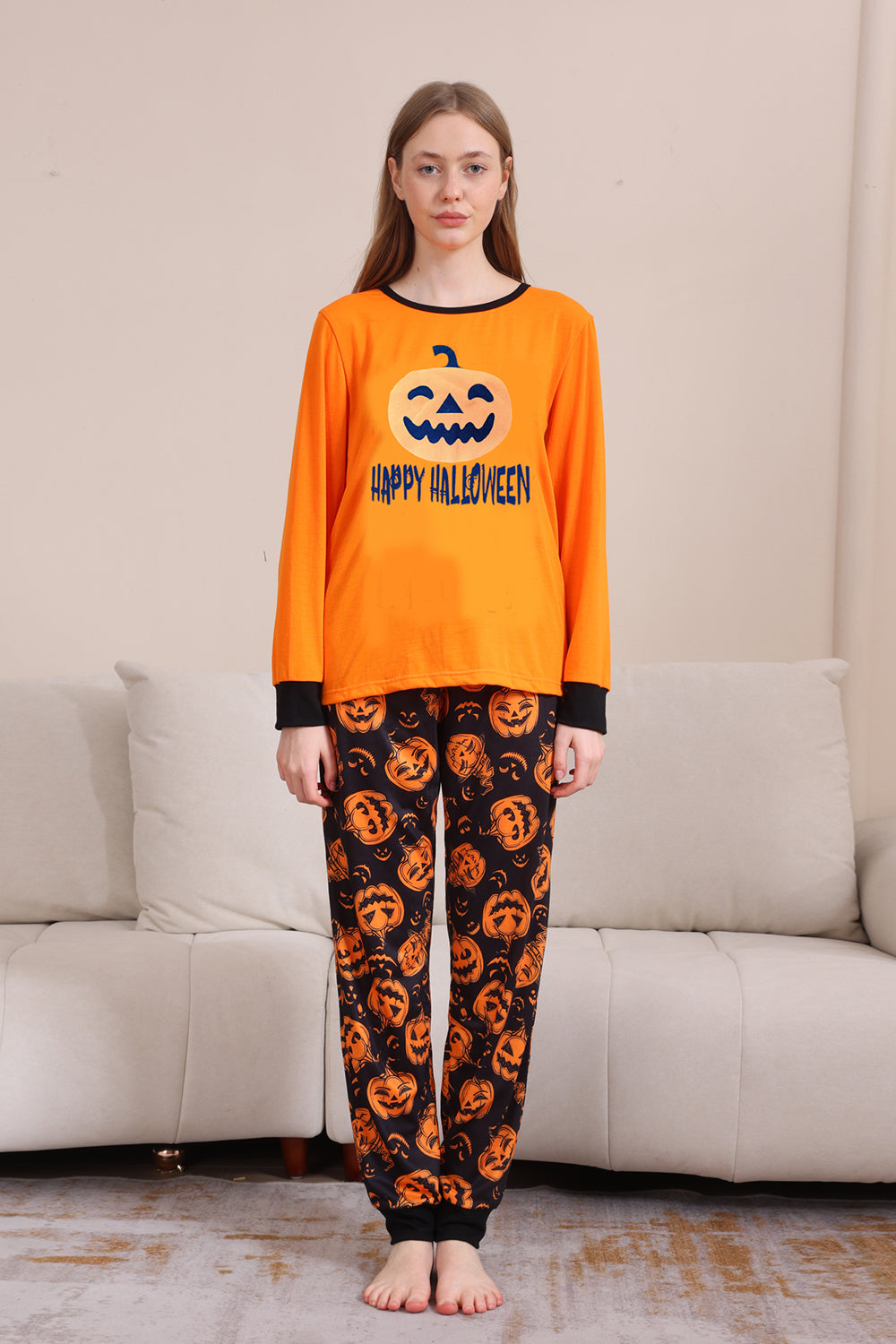 Oransje Halloween Langermet Familie Matchende Pyjamassett