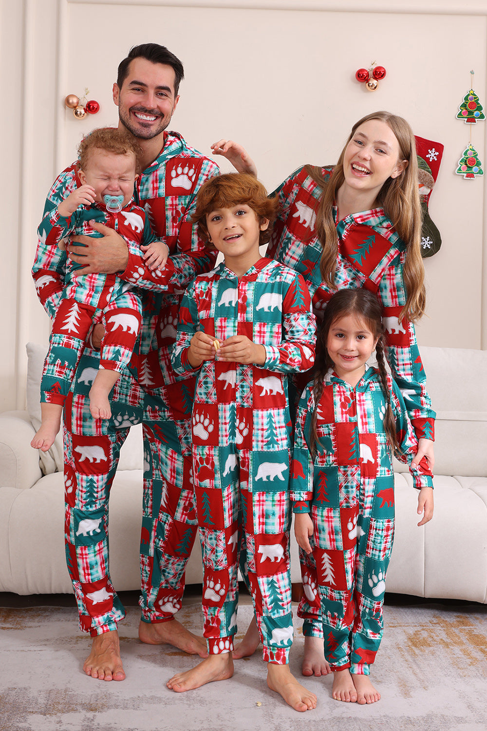 Rød og grønn Colorblock Jul Hette Familie Pyjamassett