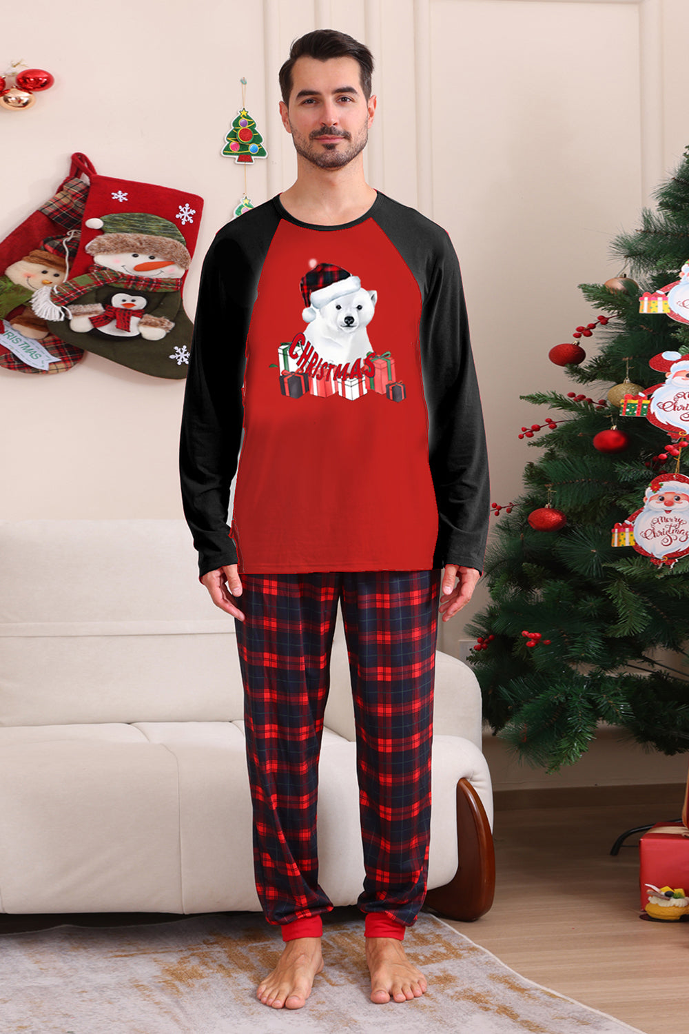 Rød Bjørn Rød Kjære God Jul Familie Pyjamassett