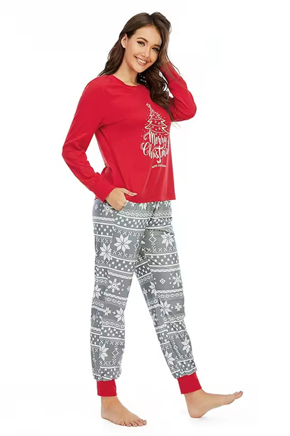 Casual Løs Langermet Nattøy God Juletre Matchende Pyjamas Pyjamas Sett