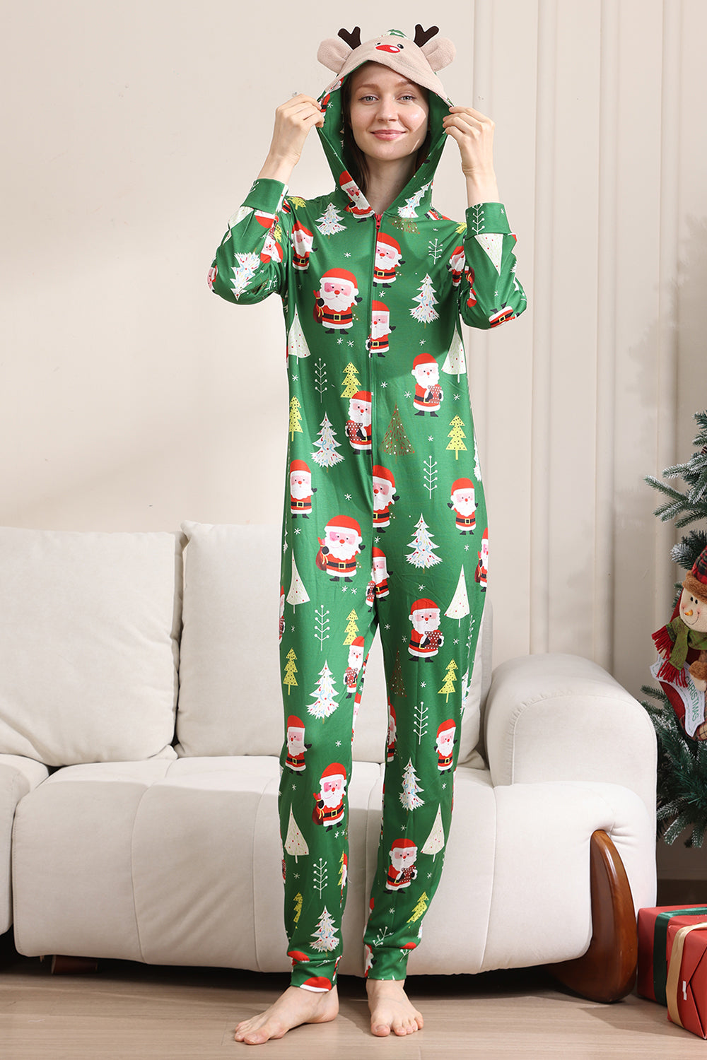 Grønn julepyjamas for familie matchende jul for kvinner menn hette i ett stykke pjs ferie nattøy