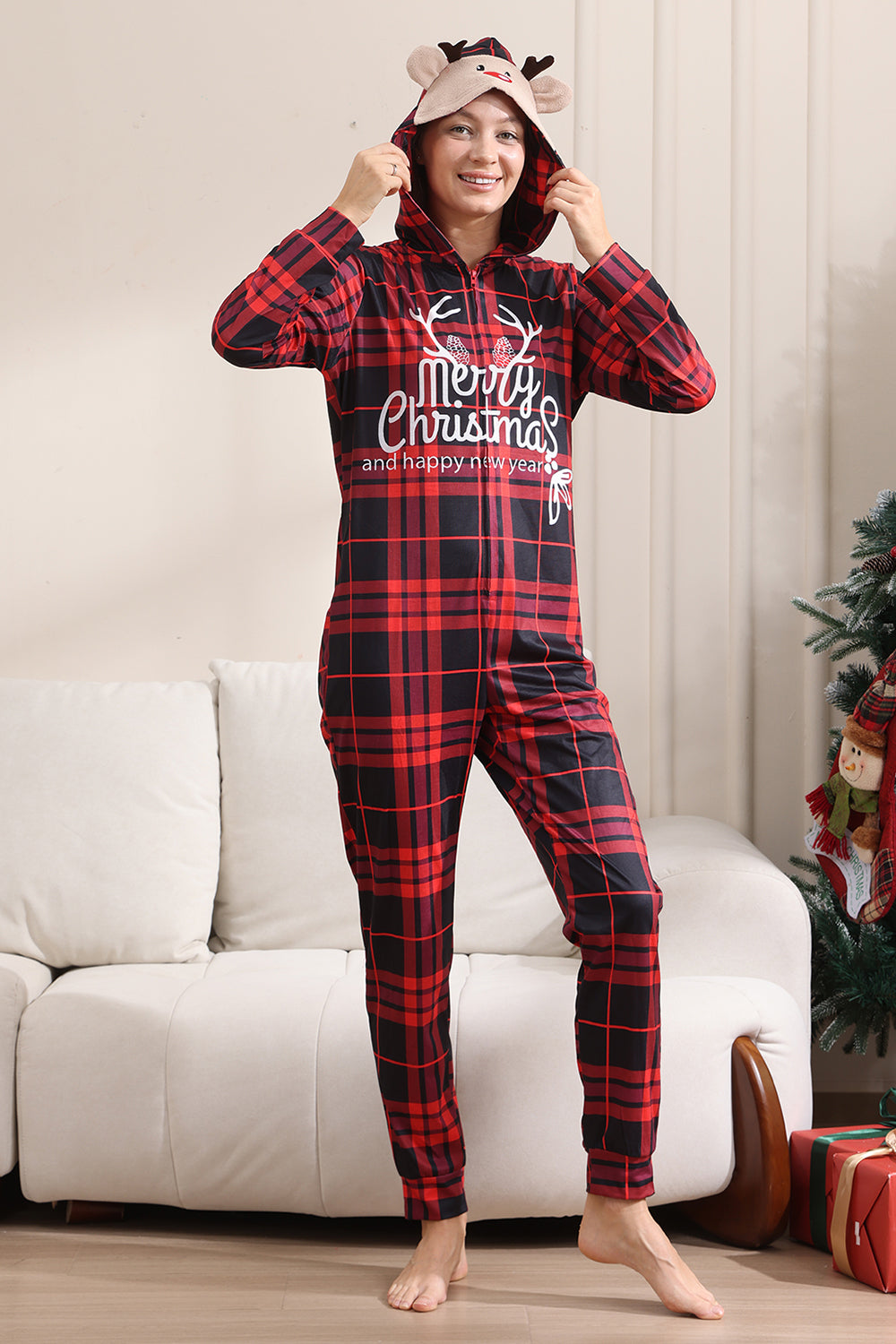 Rød god jul pyjamas for familie hette i ett stykke Pjs ferie pyjamas sett