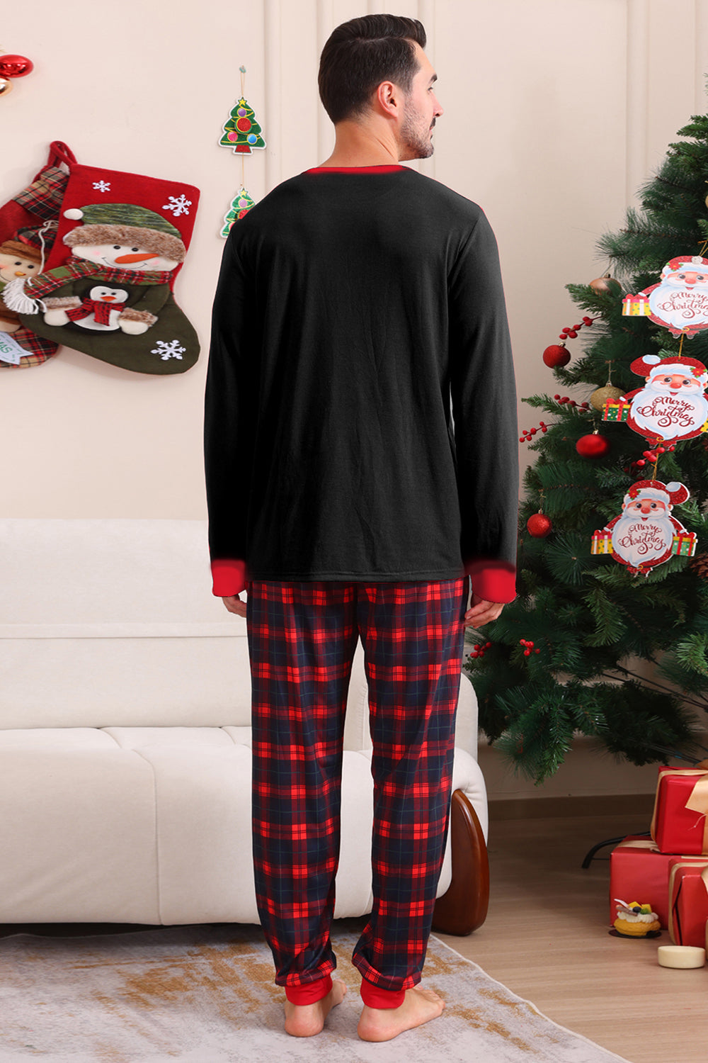Svart Rød Familie Matchende Pyjamas Voksen Barn Baby Topper og Rutete Bukser Jule Pyjamas Sett