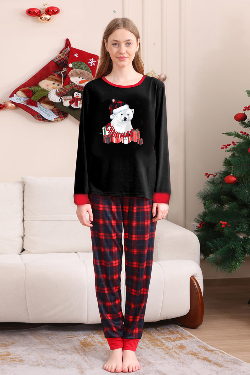 Svart Rød Familie Matchende Pyjamas Voksen Barn Baby Topper og Rutete Bukser Jule Pyjamas Sett