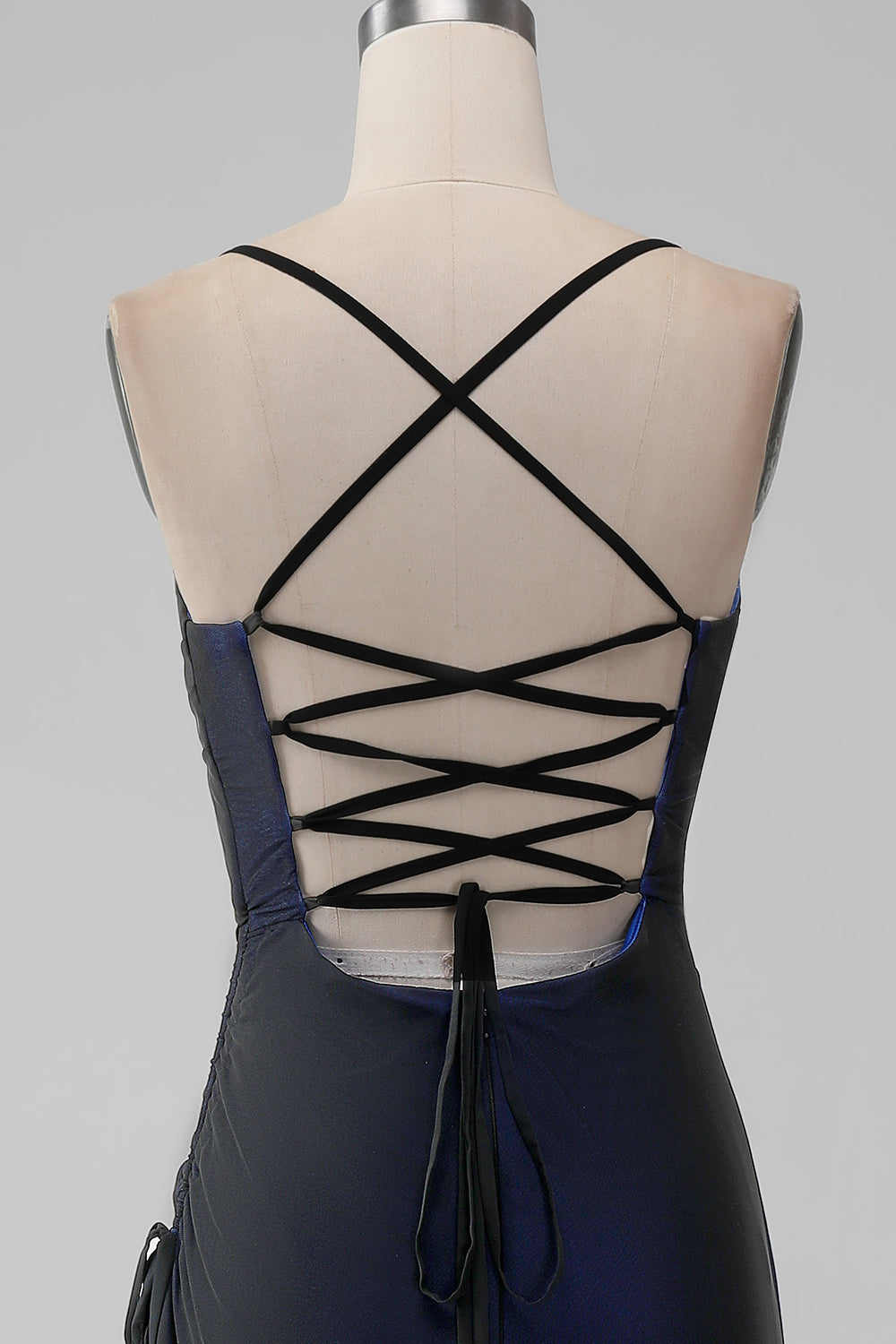 Tilbake Blå havfrue Spaghetti stropper Long brudepike kjole med Slit