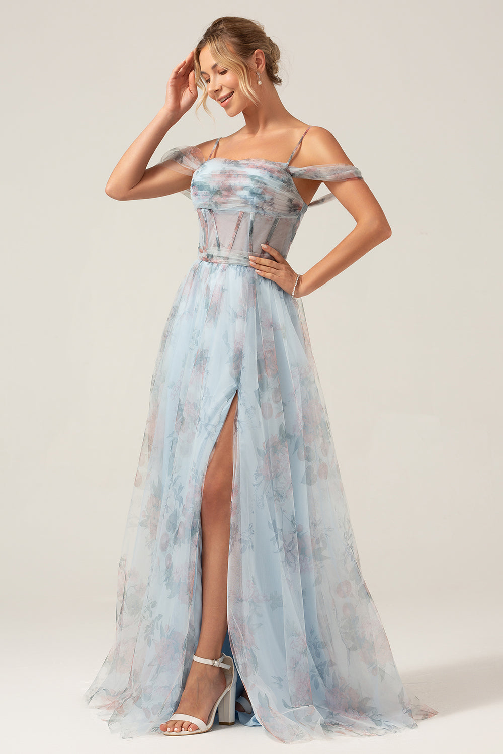 Cold Shoulder A-Line Blue Trykt Long Corset Prom Dress med Slit