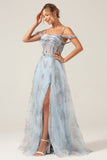 Cold Shoulder A-Line Blue Trykt Long Corset Prom Dress med Slit