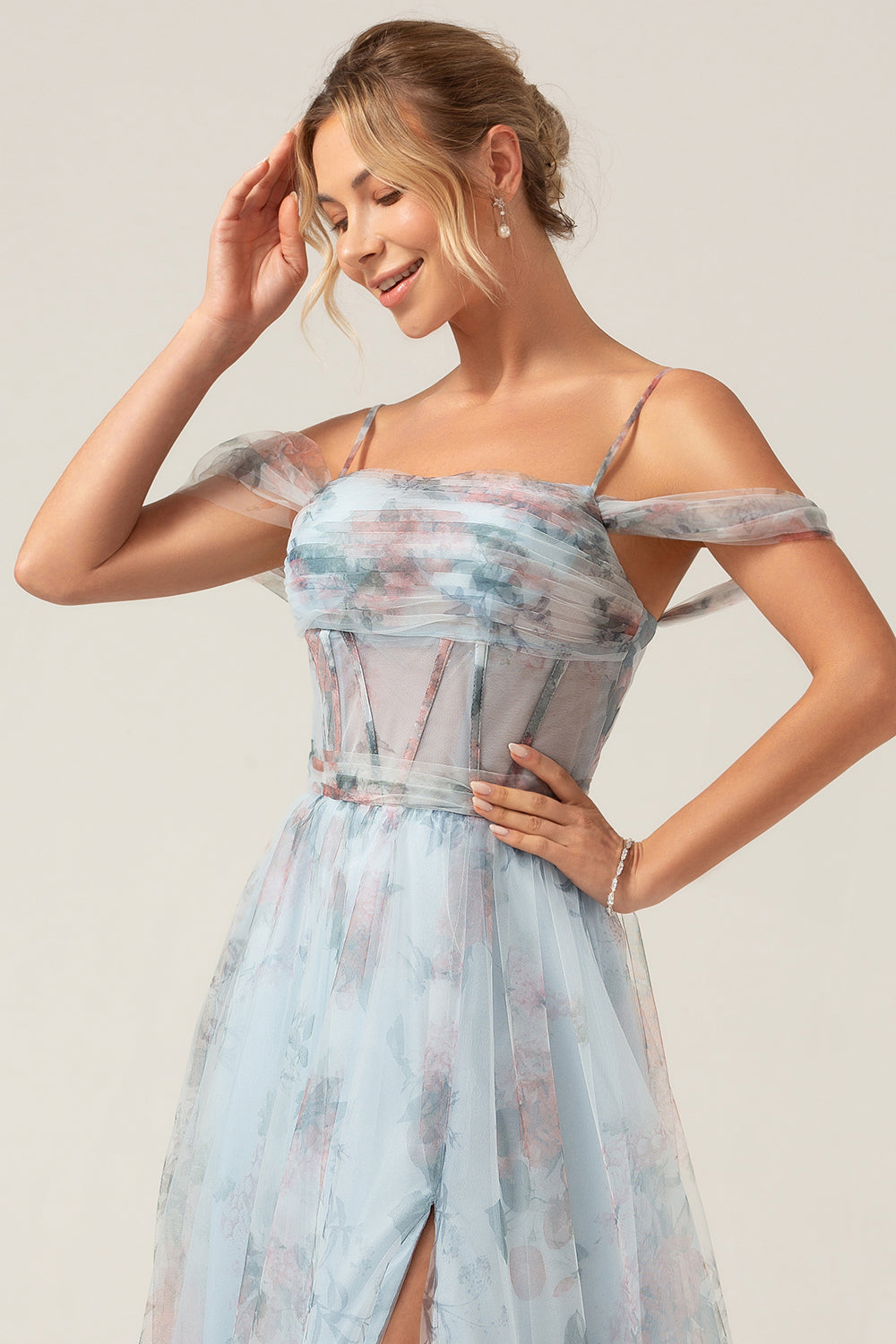 Cold Shoulder A-Line Blue Trykt Long Corset Prom Dress med Slit