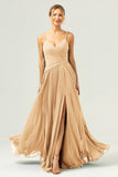 Eucalyptus A-linje Plissert Chiffon Spaghetti Stropper Brudepike Kjole med Splitt