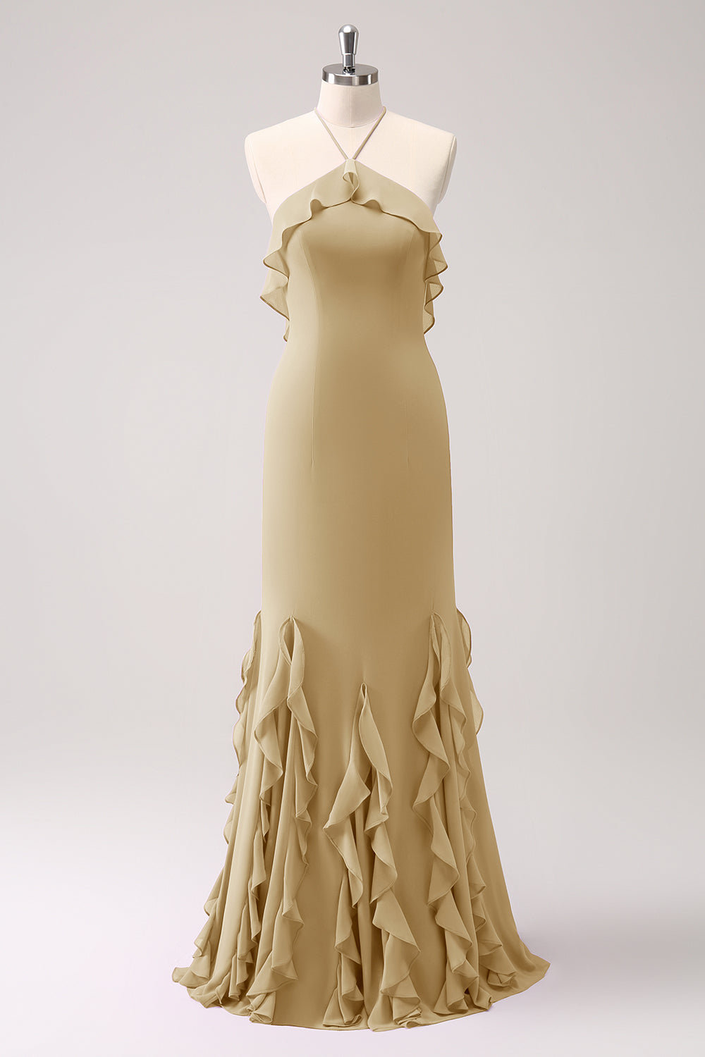 Halter Tahiti Havfrue Chiffon Brudepikekjole med Volanger