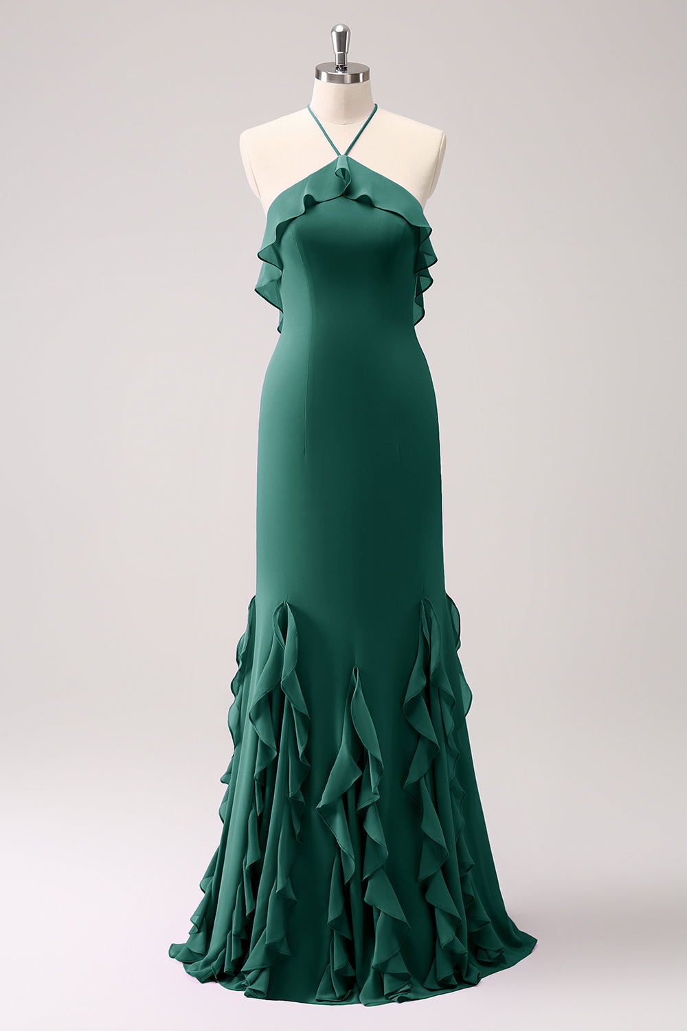 Halter Tahiti Havfrue Chiffon Brudepikekjole med Volanger