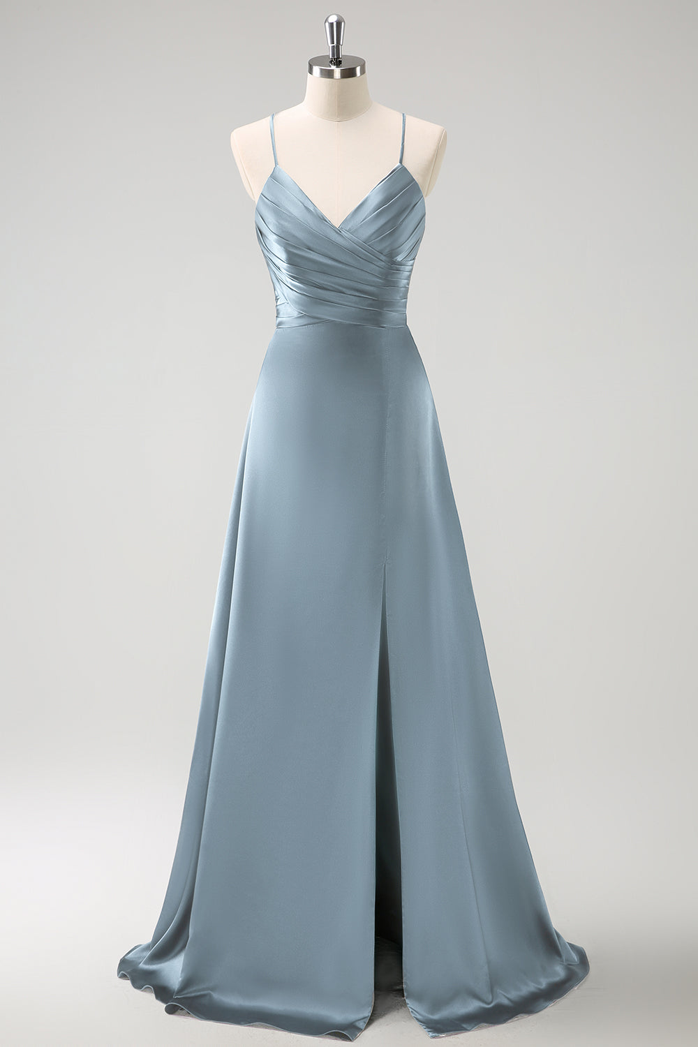 Mørkegrønn A-linje rynket snøring tilbake sateng lang brudepikekjole