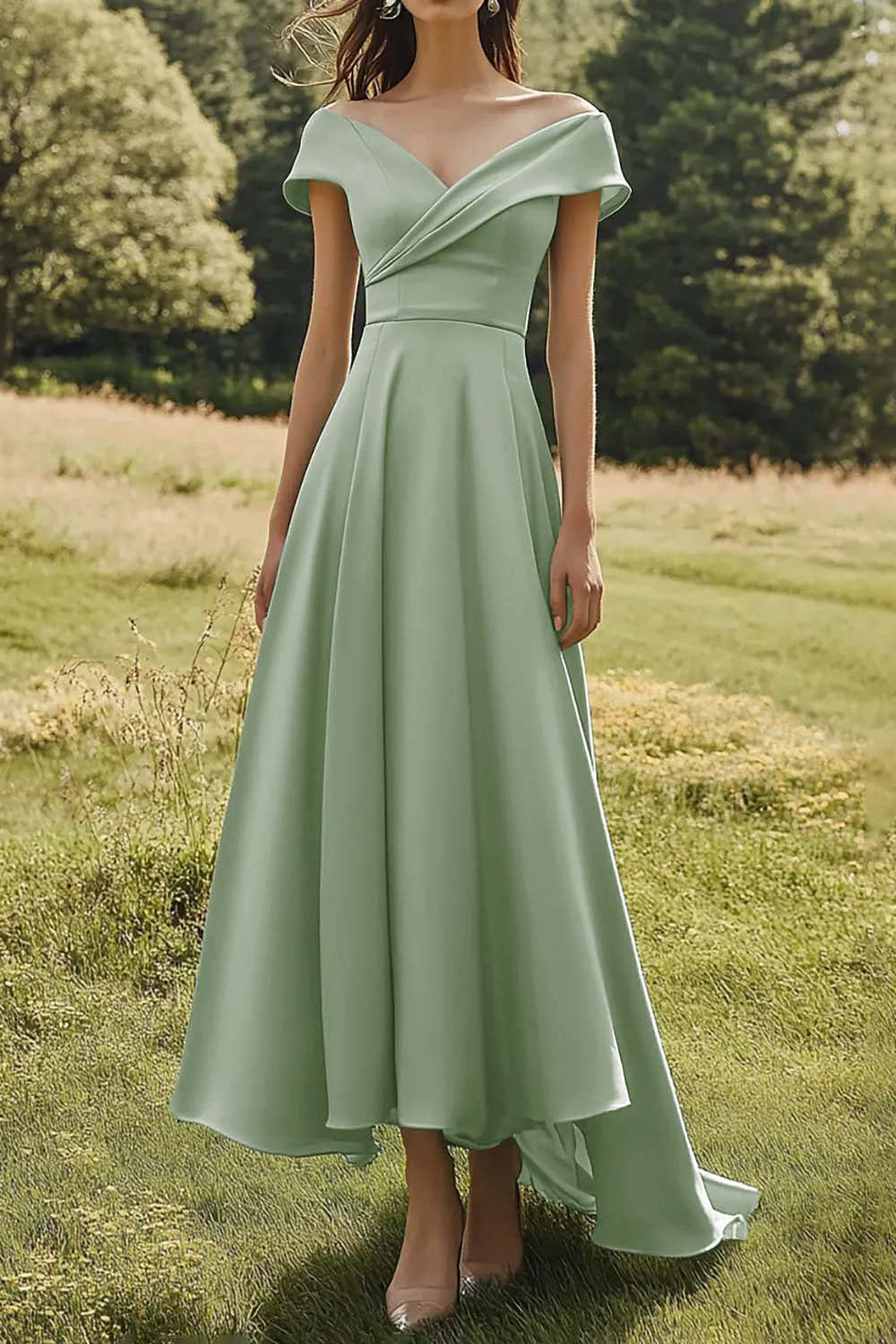 Sage Off The Shoulder slank formell kjole med bred kant