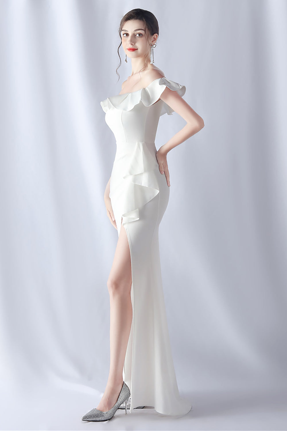 Burgund havfrue av skulderen Lang formell kjole med volanger