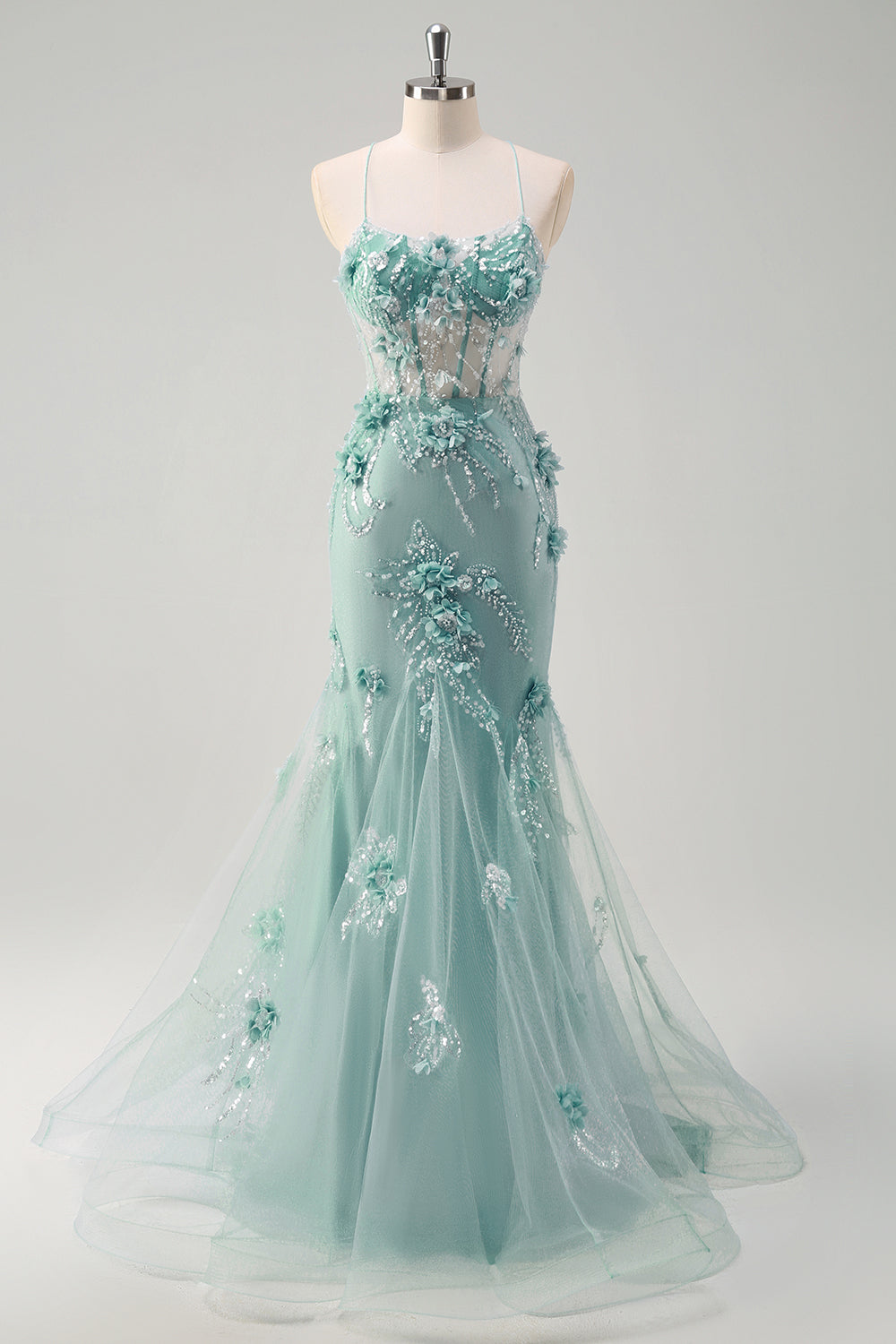 Blå Havfrue Spaghetti Stropper Tyll Lang Korsett Ballkjole Med 3D Blomster