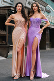 Champagne Havfrue Off the Shoulder Korsett Lang Ballkjole med Splitt