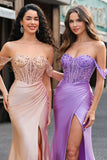 Champagne Havfrue Off the Shoulder Korsett Lang Ballkjole med Splitt