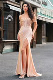 Champagne Havfrue Off the Shoulder Korsett Lang Ballkjole med Splitt