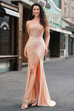 Champagne Havfrue Off the Shoulder Korsett Lang Ballkjole med Splitt