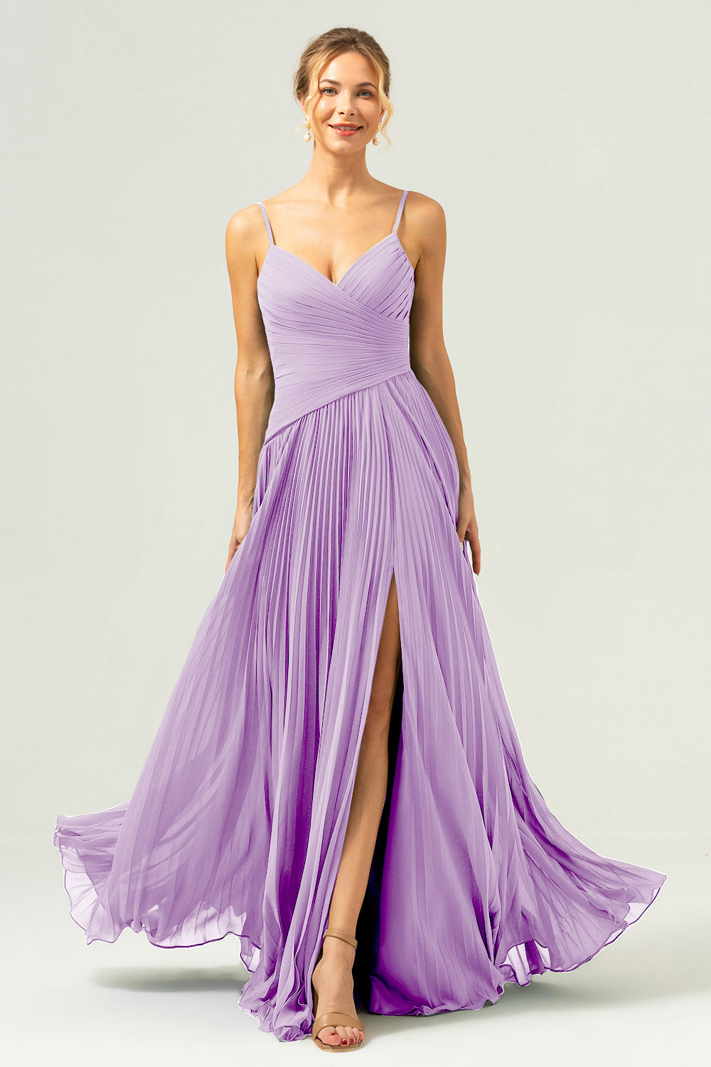 A-linje Spaghetti Stropper Plissert Chiffon Eucalyptus Brudepike Kjole med Splitt