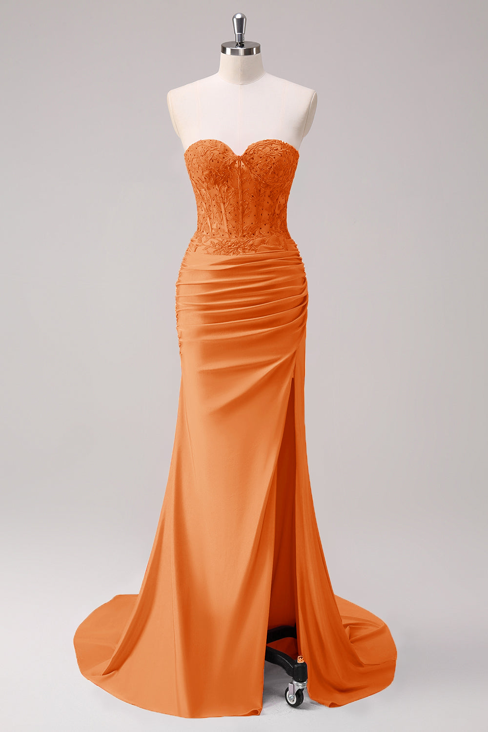 Korsett Fuchsia Havfrue Stroppeløs Rynket Korsett Lang Ballkjole Med Splitt