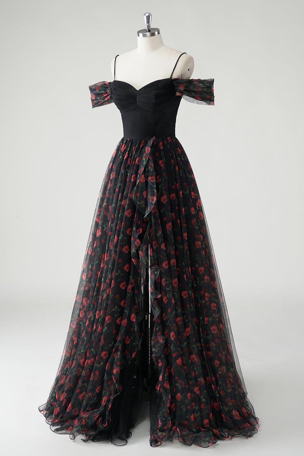 Svart A Line Cold Shoulder Trykt Floral Lang Ballkjole med Splitt